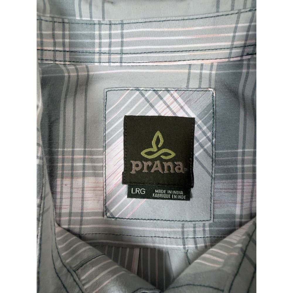 Prana Men's Lg S/S Plaid Button Shirt Gray Outdoor Hiking Pocket Organic Cotton - Picture 3 of 10